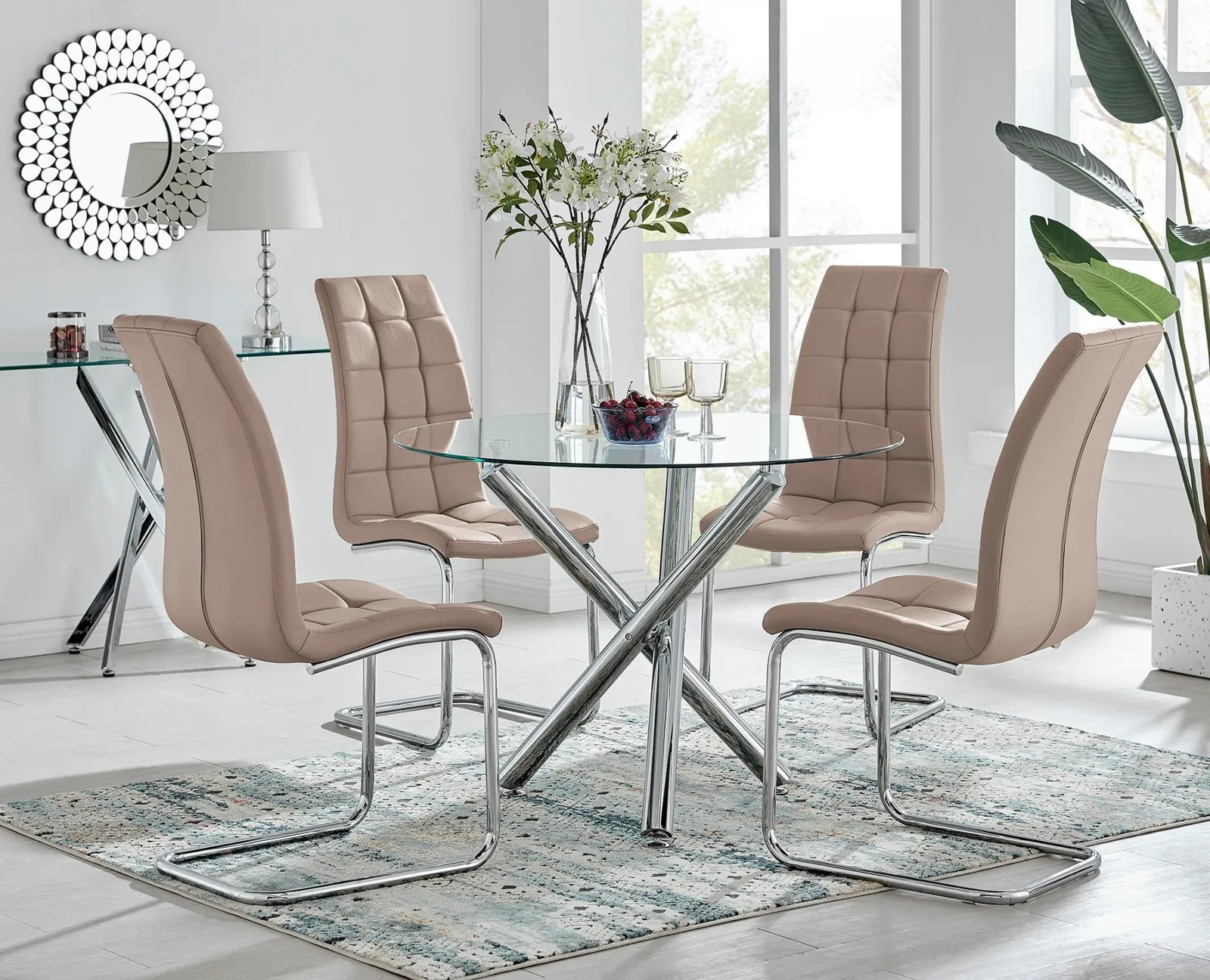 FurnitureboxUK Selina Round Glass Chrome Leg Dining Table & Murano Chairs in Beige 1