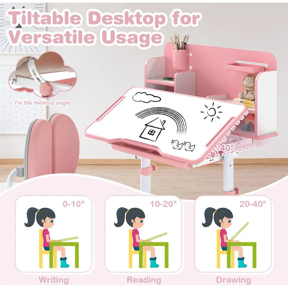 Costway Kid's Study Desk & Chair Set Adjustable Desk-Pink in Pink 4