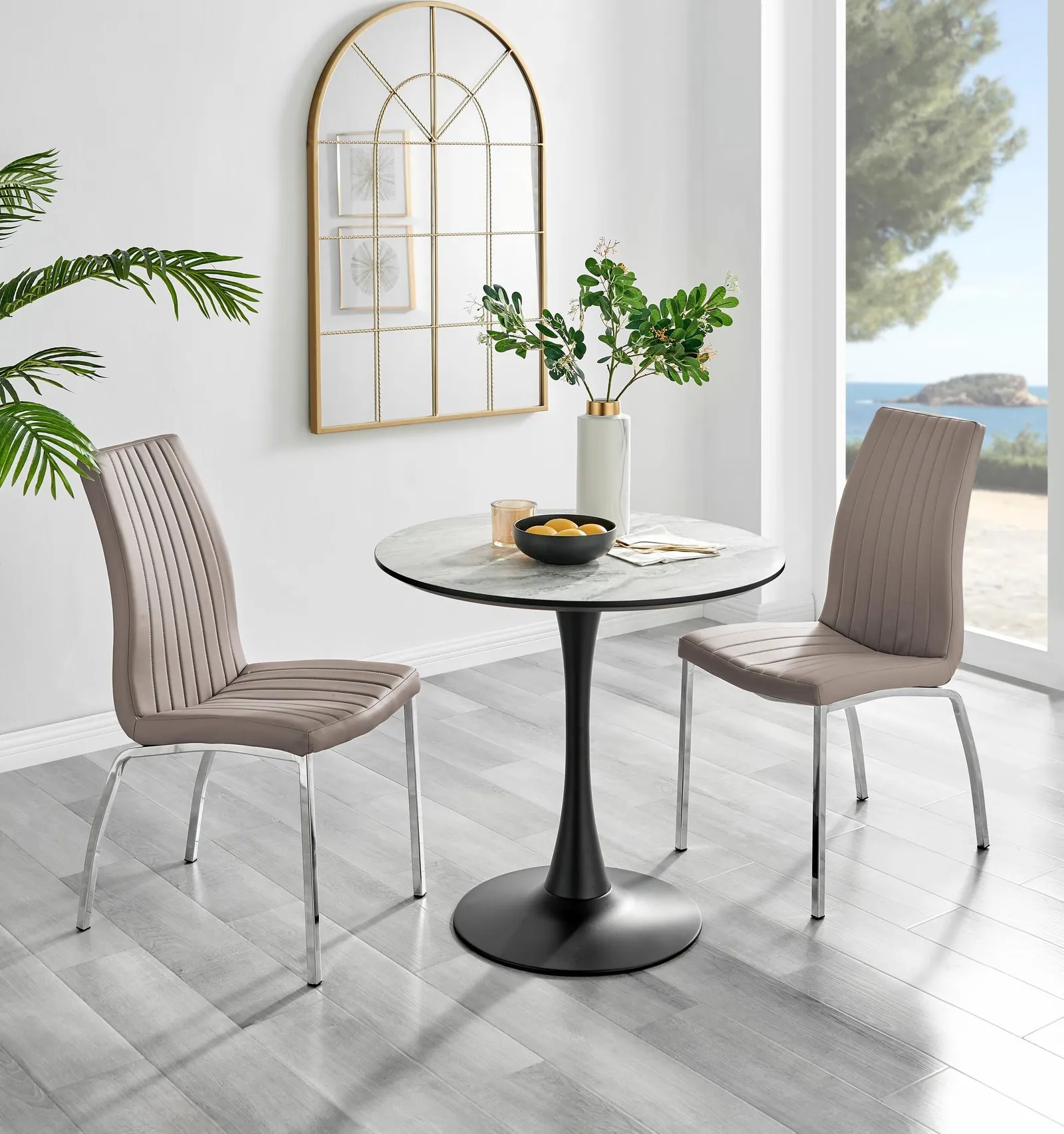 FurnitureboxUK Elina White Marble Effect Scratch Resistant Dining Table & 2 Isco Faux Leather Chairs in Beige 1