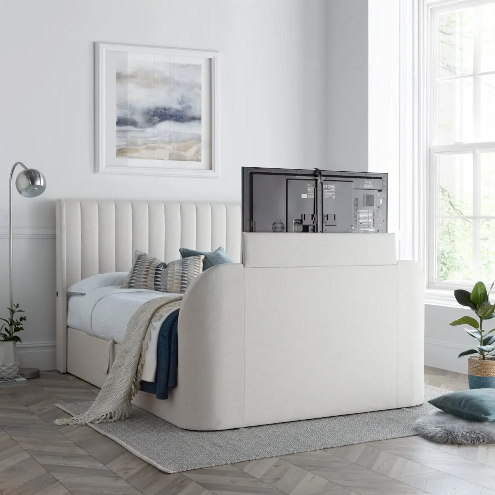 Luther - Super King Size - Winged Ottoman Storage TV Bed - Natural - Fabric - 6ft - Happy Beds
