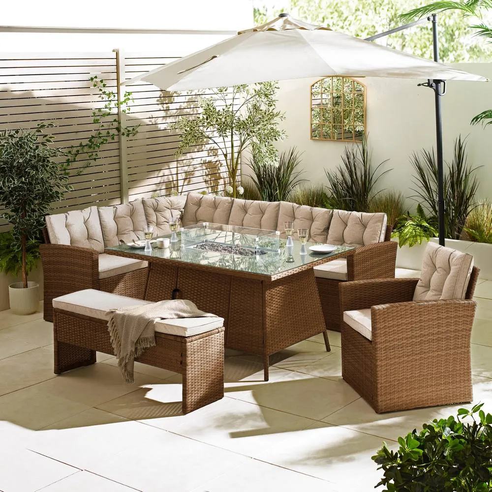 FurnitureboxUK Marbella 9 Seat Rattan Firepit Table Garden Dining Set in Beige 1