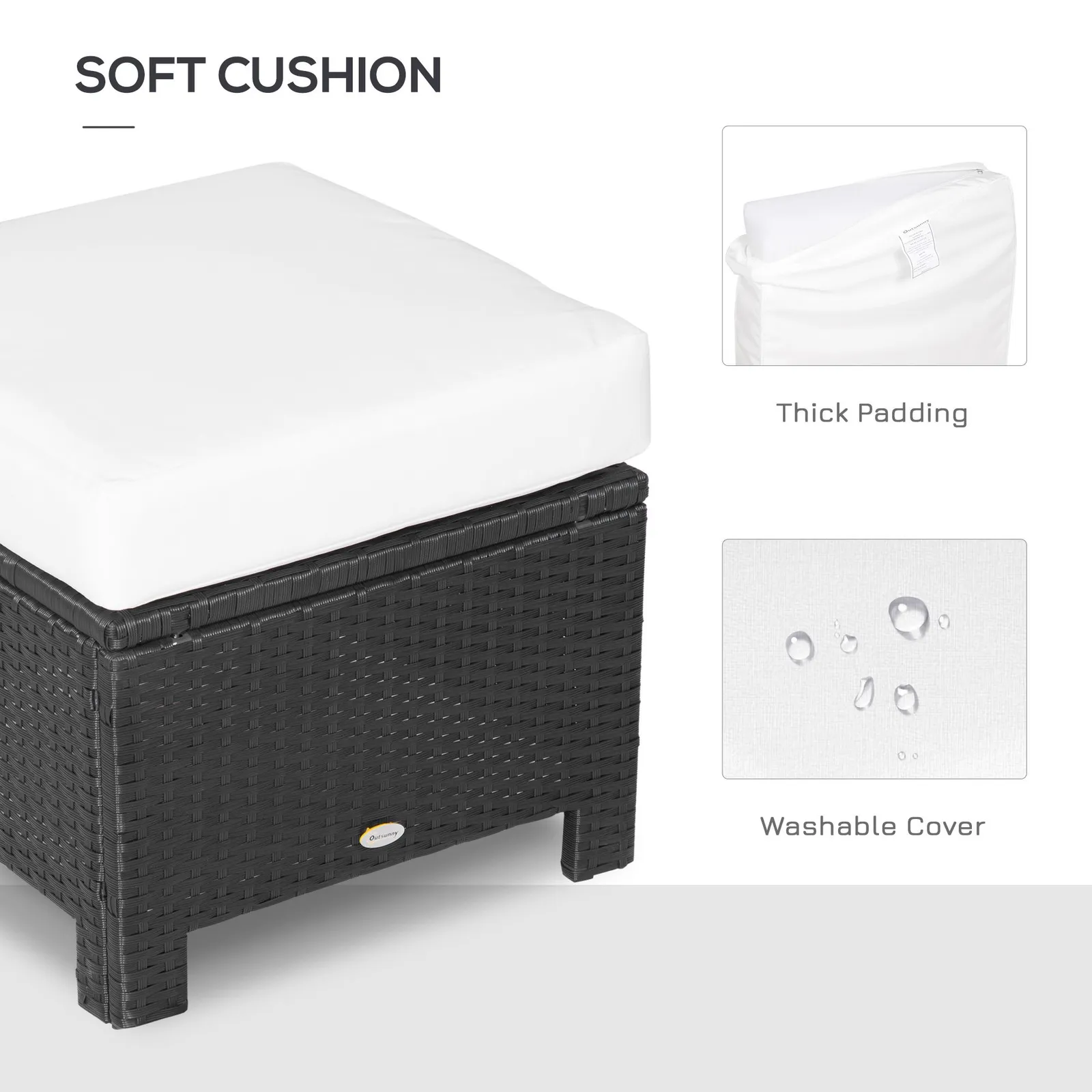 OUTSUNNY Rattan Footstool Wicker Ottoman w/ Padded Seat for Backyard Garden in Black 6