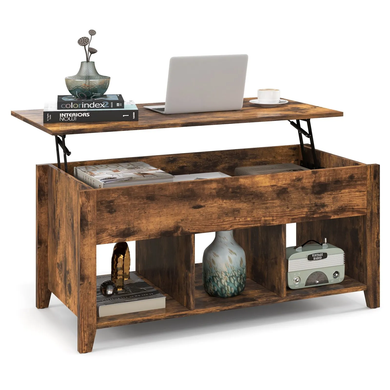 Costway Lift Top Coffee Table Modern Wooden Lift Top Dining Cocktail Table Living Room in Brown
