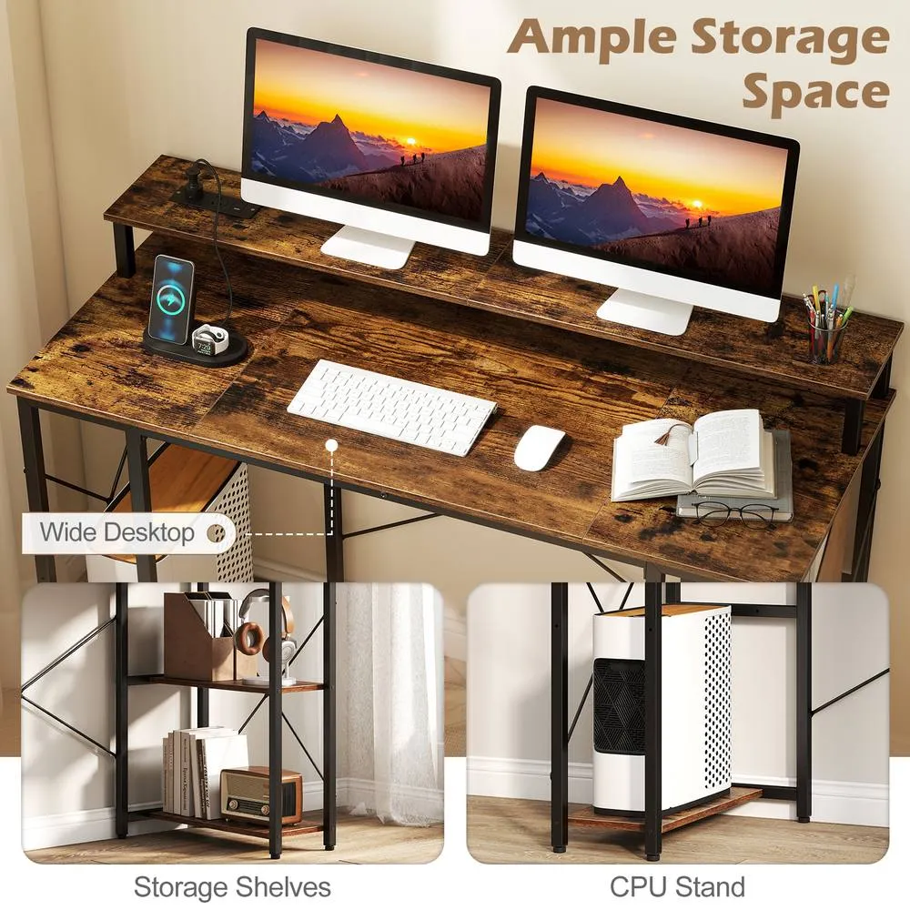 Costway 120cm Desk w/ Charging Station & LED Lights Gaming Table in Brown 6