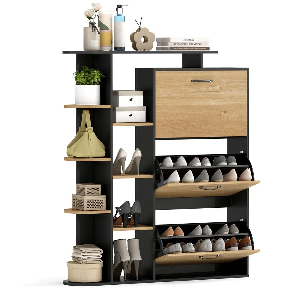 Costway Shoe Storage Cabinet Free Organizer w/ 3 Flip Drawers 8 Shelves in Black