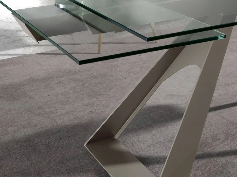 Angel Cerda Rectangular Extendable Dining Table, Tempered Glass, Taupe Steel 5