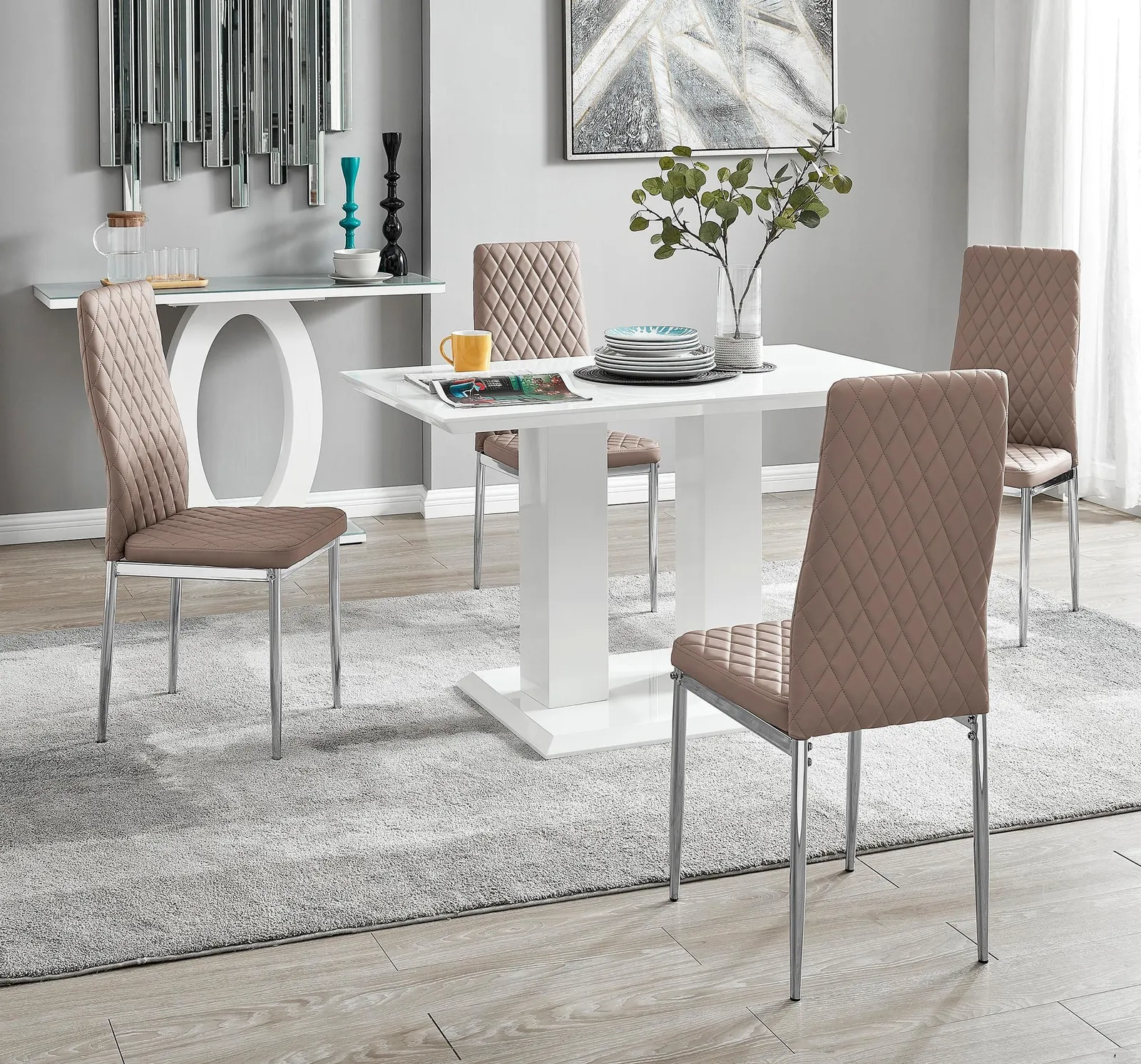 FurnitureboxUK Imperia 4 Seater Modern White High Gloss Rectangular Dining Table & 4 Milan Faux Leather Chairs in Beige 1
