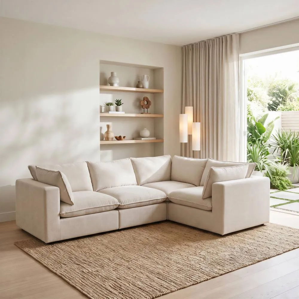 FurnitureboxUK Echo Linen-Look Fabric 3 Seater Modular Corner Sofa in Cream 1