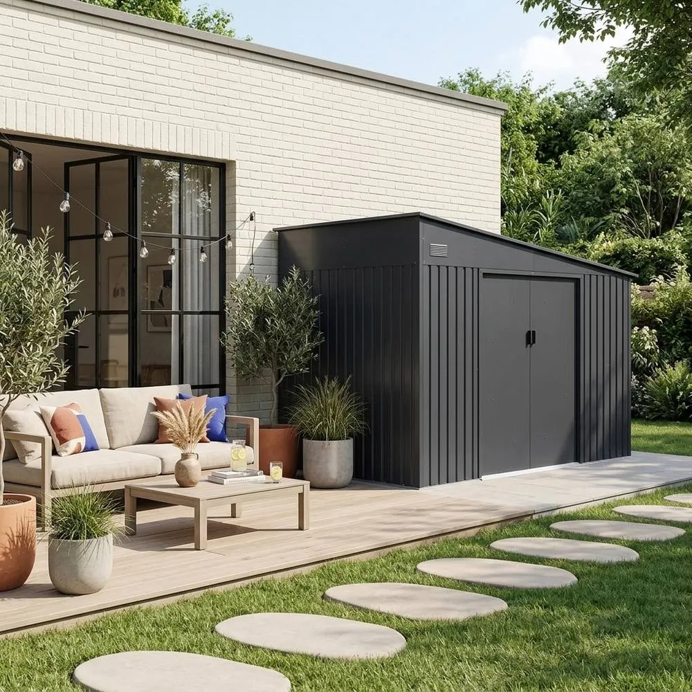 sweeek 11.01 m² galvanized steel lean-to garden shed with anchoring kit in Dark Grey