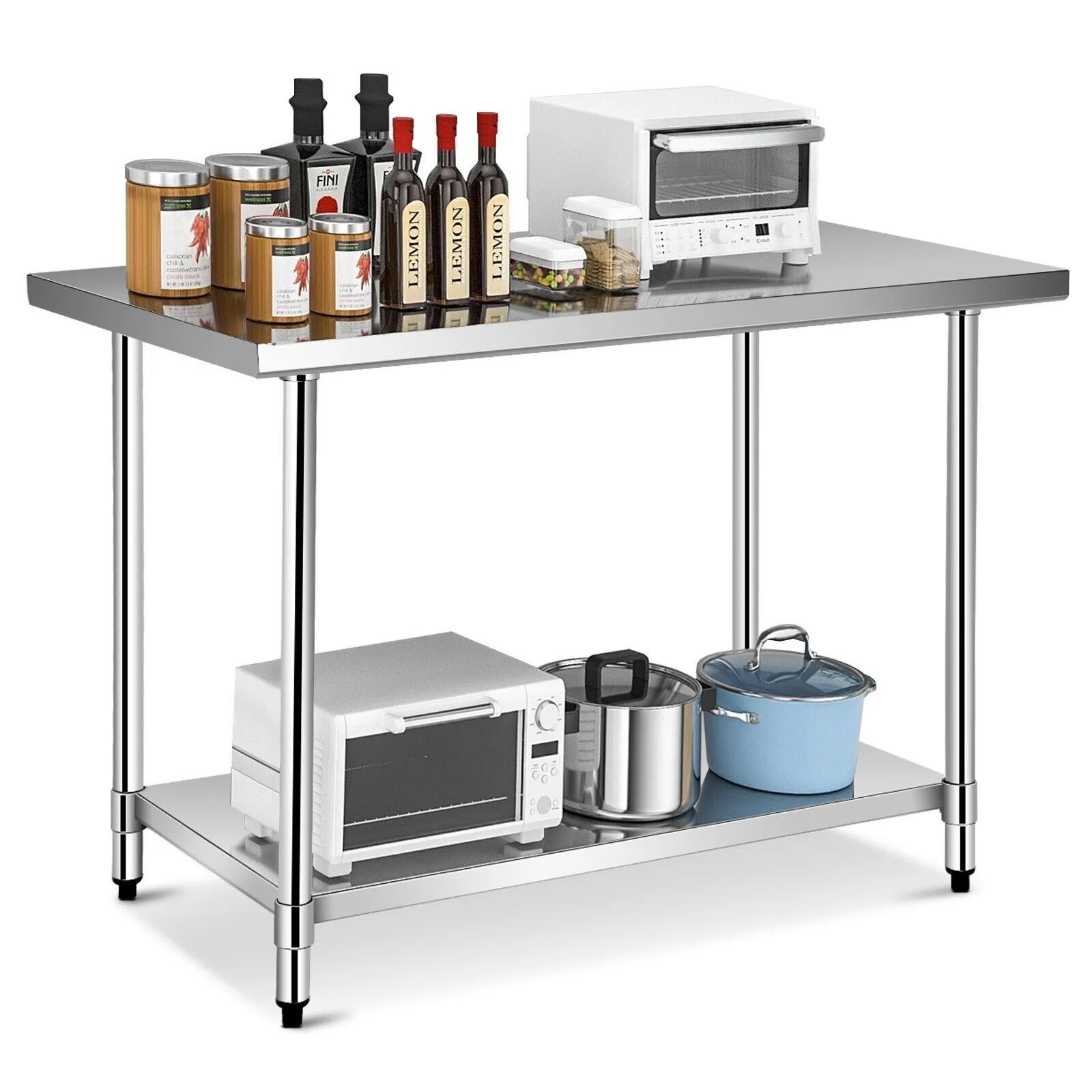 Costway 122 x 76 cm Stainless Steel Kitchen Prep Table Rolling Work Table Commercial Catering Table in Silver
