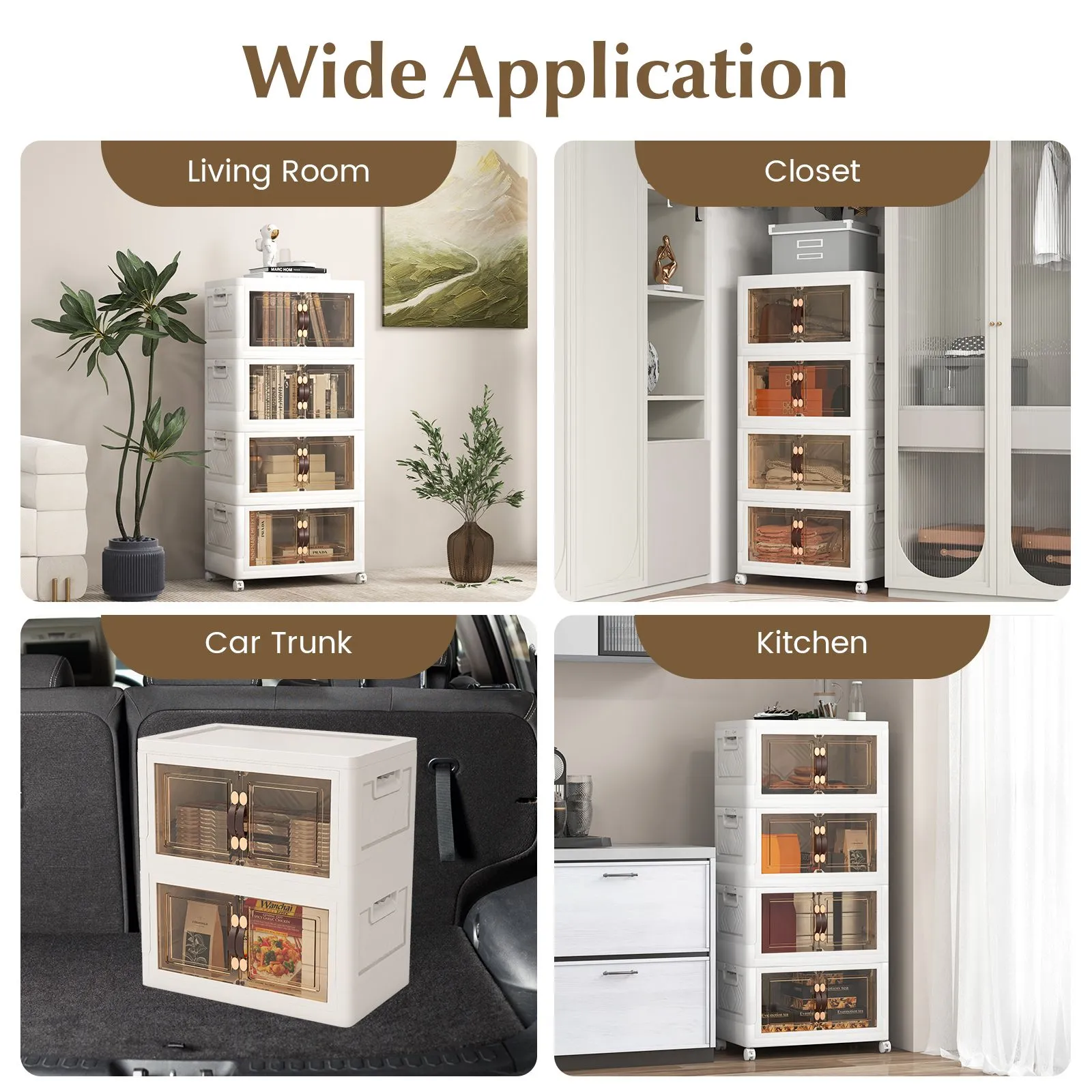 Costway 4 Pack Stackable Storage Cabinet Folding Home Organizer Lockable Wheels 78 Gal in White 5