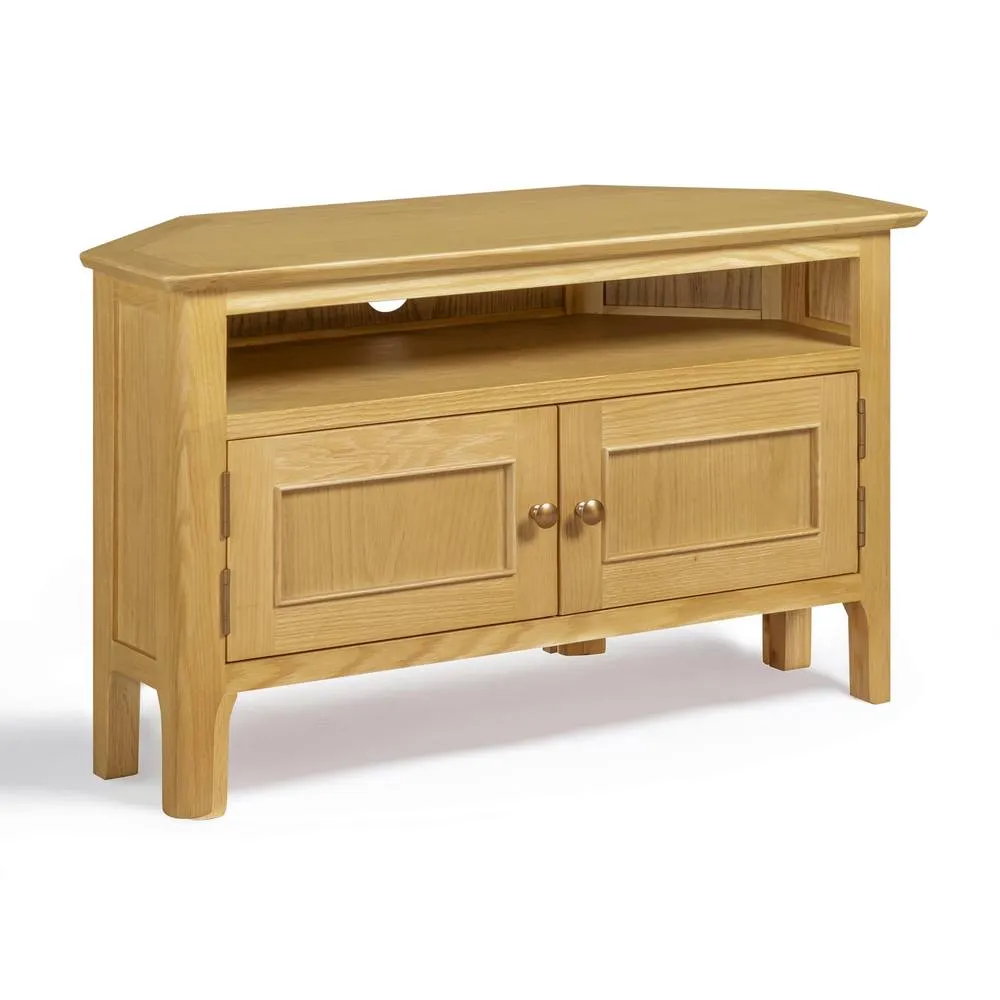 FurnitureboxUK Belle Solid Oak Wood Corner TV Stand in Light Brown 2