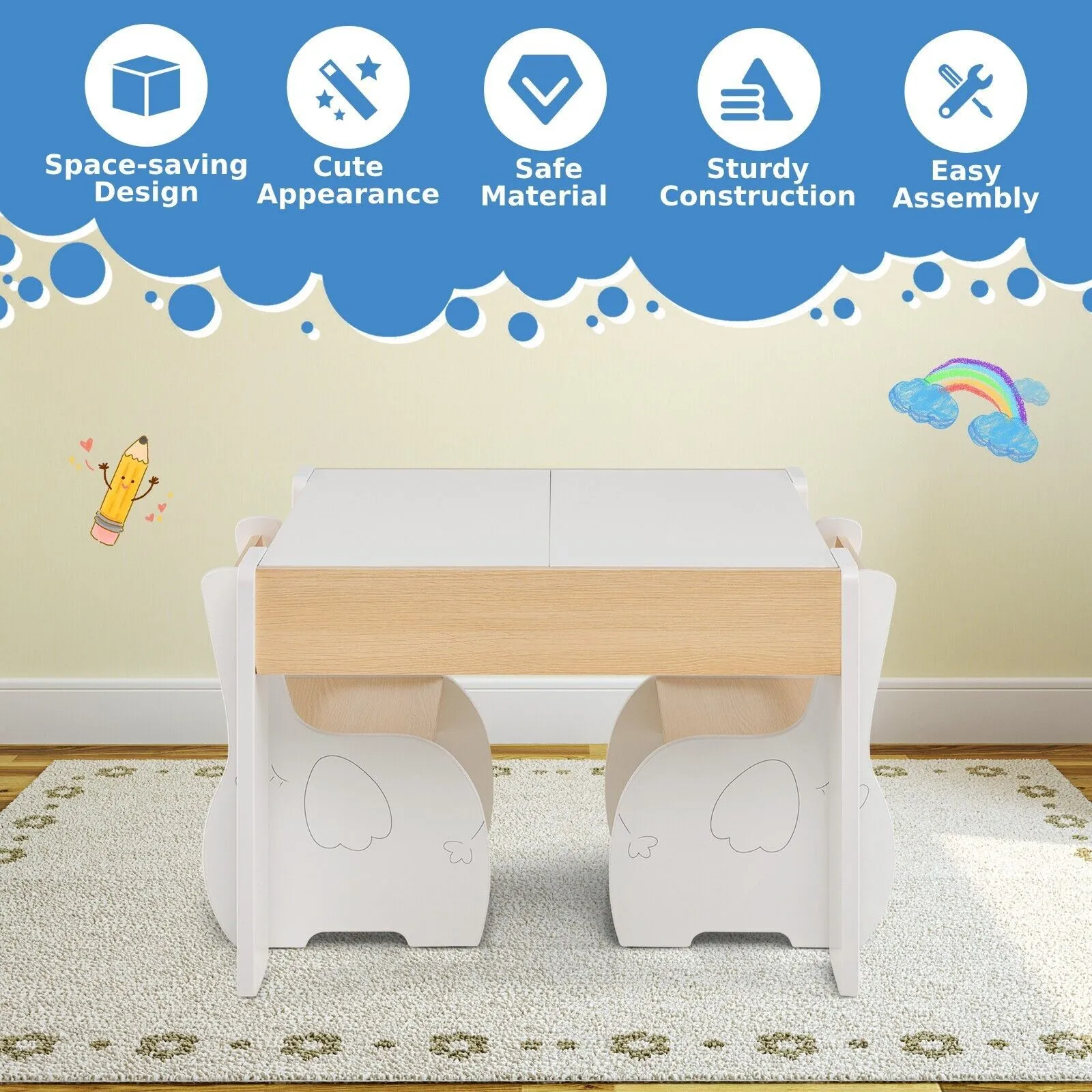 Costway Table & Chair Set Activity Desk 2 Chairs with Reversible Blackborad in White 6