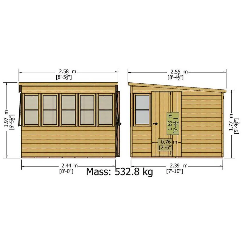 Shires Sun Pent 8x8' Single Door with 7 Windows Wooden Garden Potting Shed in Light Tan 4
