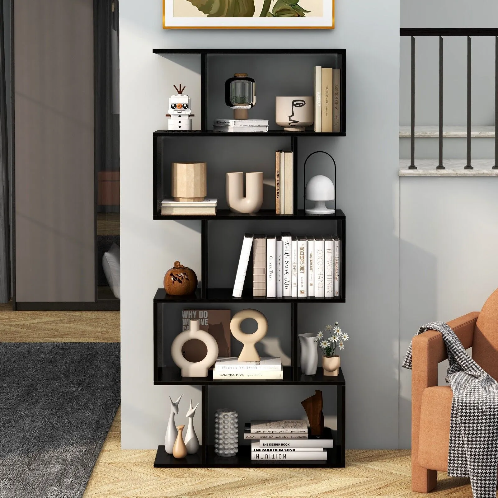 Costway 5-tier Bookcase Anti-Toppling S-Shaped Bookshelf Wooden Storage Display Rack in Black 4