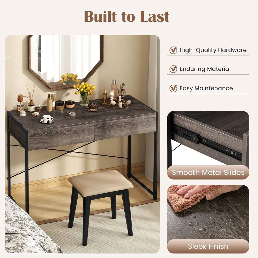 Costway Computer Desk Compact Writing Desk with 2 Drawers in Grey 5