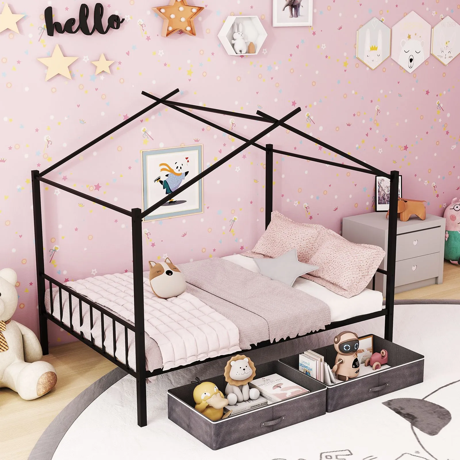 Costway Double Size House Bed Heavy-Duty Metal Platform Bed w/2 Drawers in Black 3