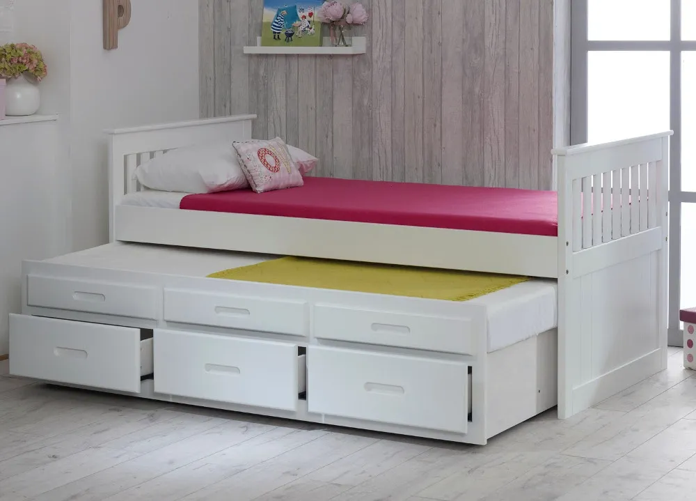 Captains - Single - High Foot-End Guest Bed - Storage and Underbed Trundle - White - Wooden - 3ft - Happy Beds