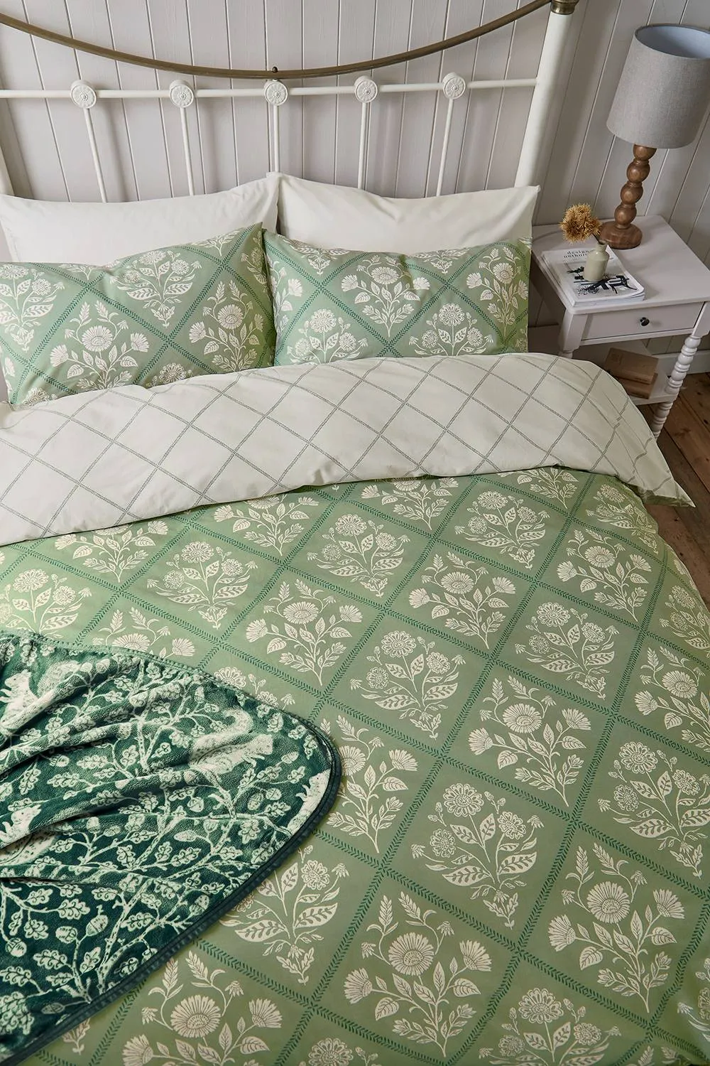 Helena Springfield 'Folk Trellis' Cotton Duvet Cover Set in Light Green 4