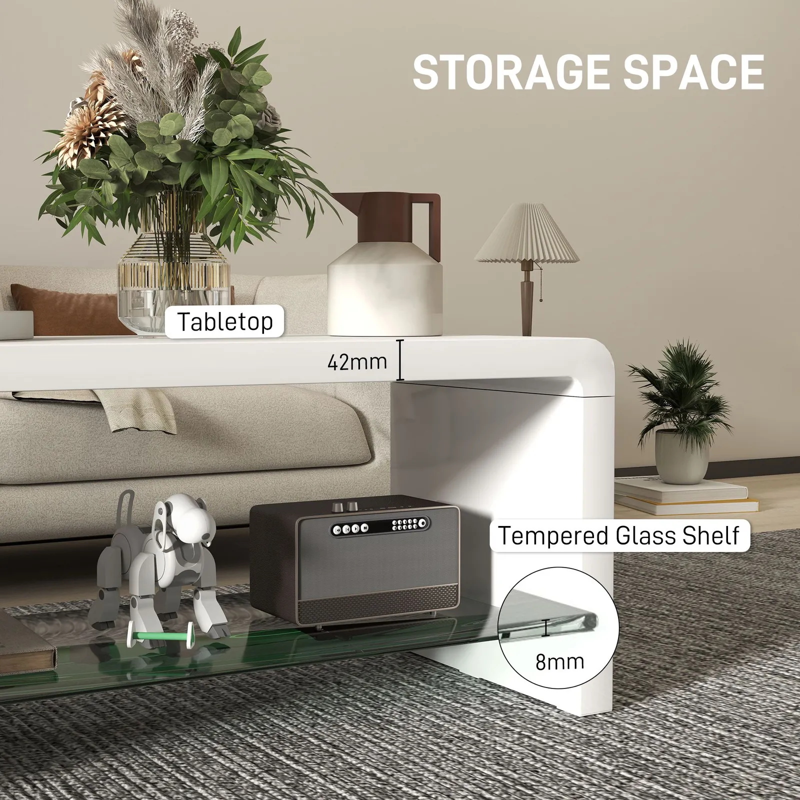 HOMCOM High Gloss Storage Coffee Table, Centre Table for Living Room, White 5