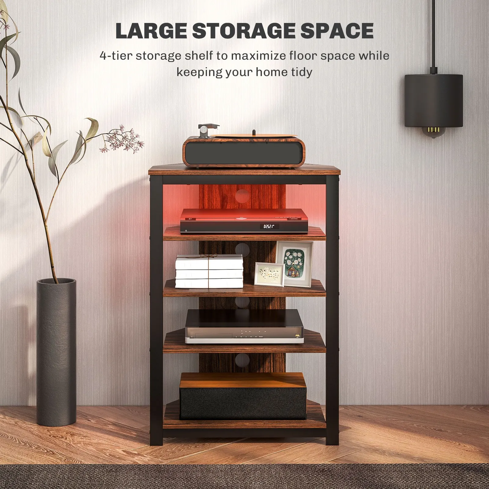 HOMCOM 4-Tier Corner TV Stand with Storage, LED Lights for TVs up to 29" in Brown 6