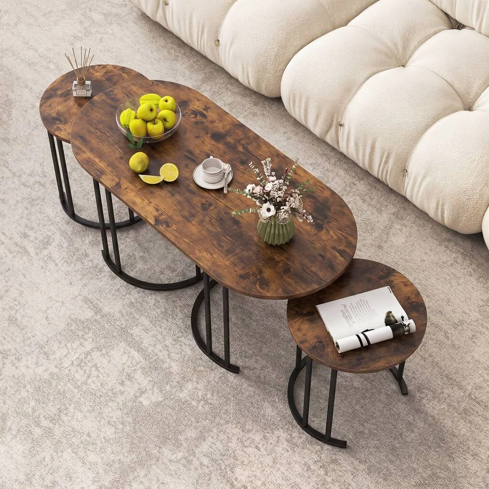 Costway 3PCS Nesting Coffee Table Set 110cm Coffee Table w/ 2 Side Tables in Brown 3