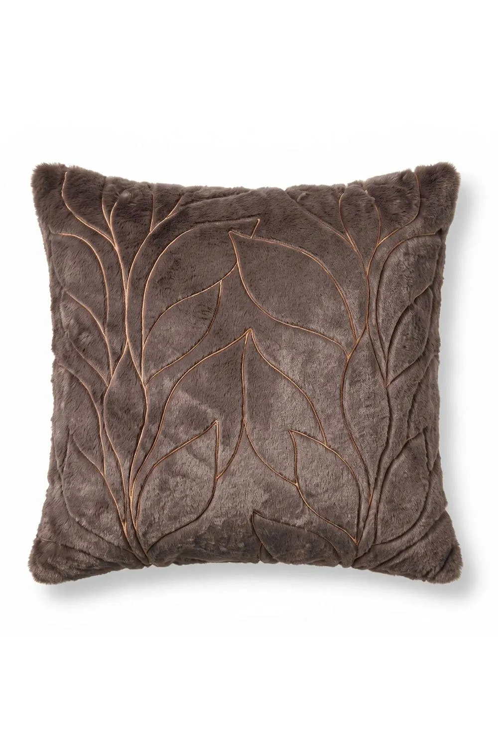 Homescapes Faux Fur Embossed Botanical Leaves Cushion with Cover in Brown