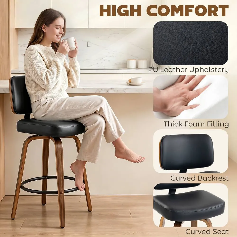 HOMCOM Bar Stools Set of 2, 360° Swivel Padded Seat, Curved Wood Legs, Black 5