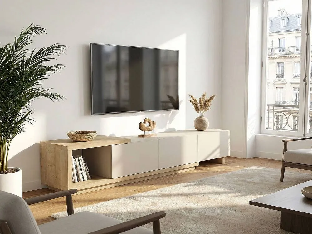 Vente-unique TV Unit With 3 Drawers & 1 Open Shelf - Beige & Light Natural