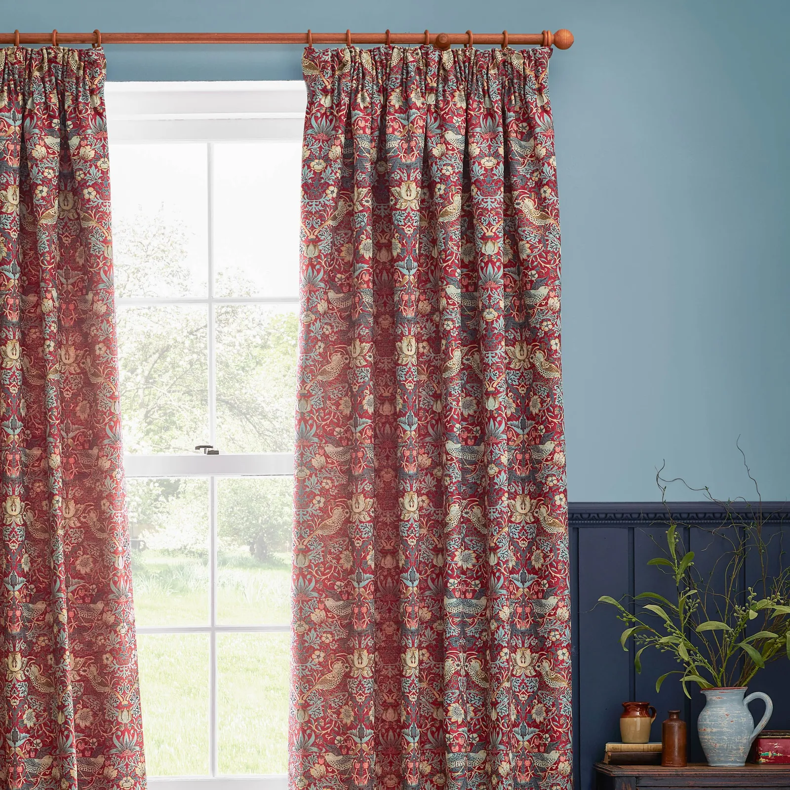 Morris & Co Strawberry Thief Jacquard Floral Room Darkening Pencil Pleat Curtain Pair in Red 3