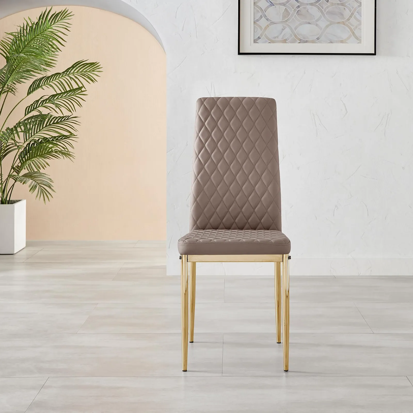 FurnitureboxUK Set of 4 Milan High Back Soft Touch Diamond Pattern Faux Leather Dining Chairs With Gold Chrome Metal Legs in Beige 5
