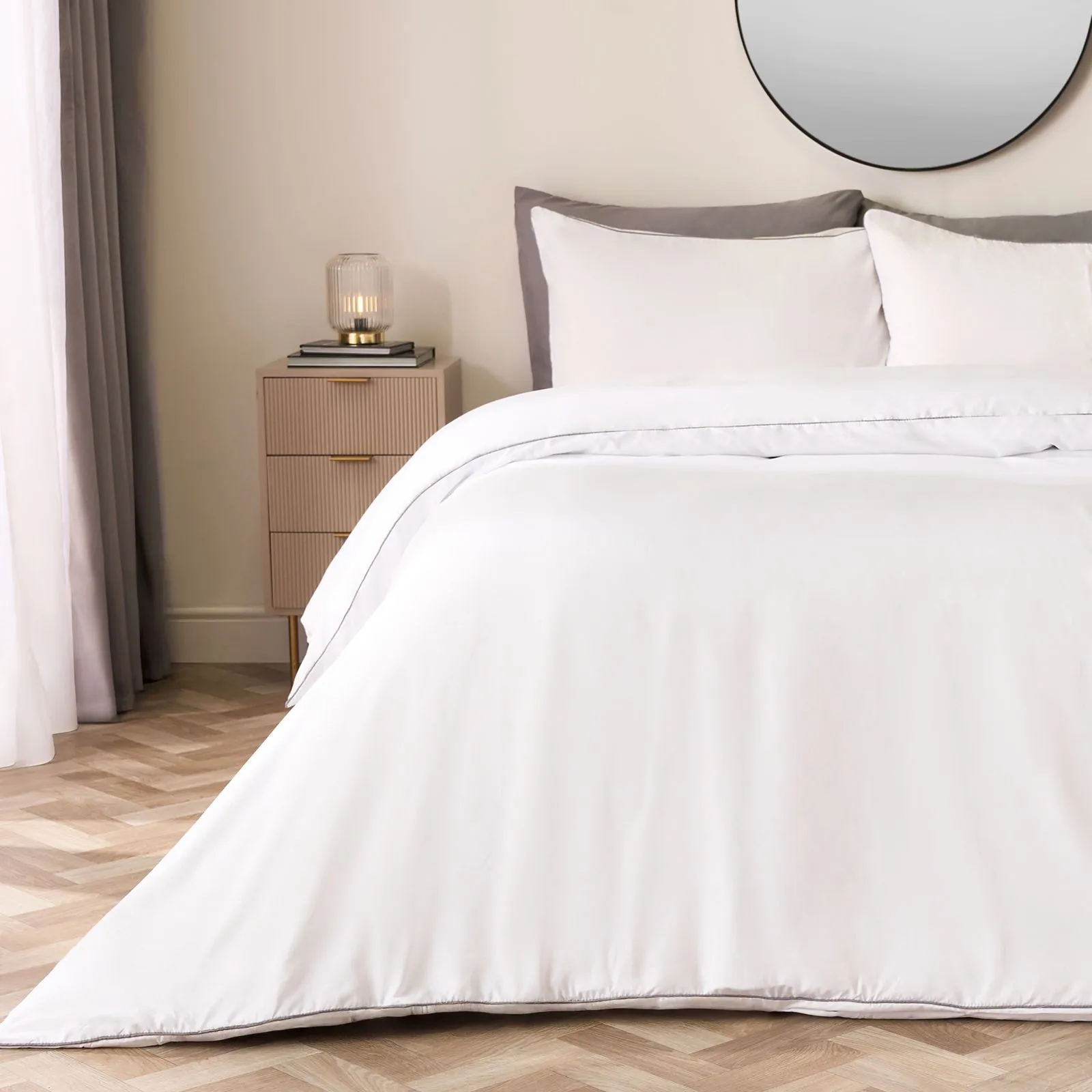 OHS Piped Edge Bedding Set Soft Duvet Cover with Pillowcase in Natural White