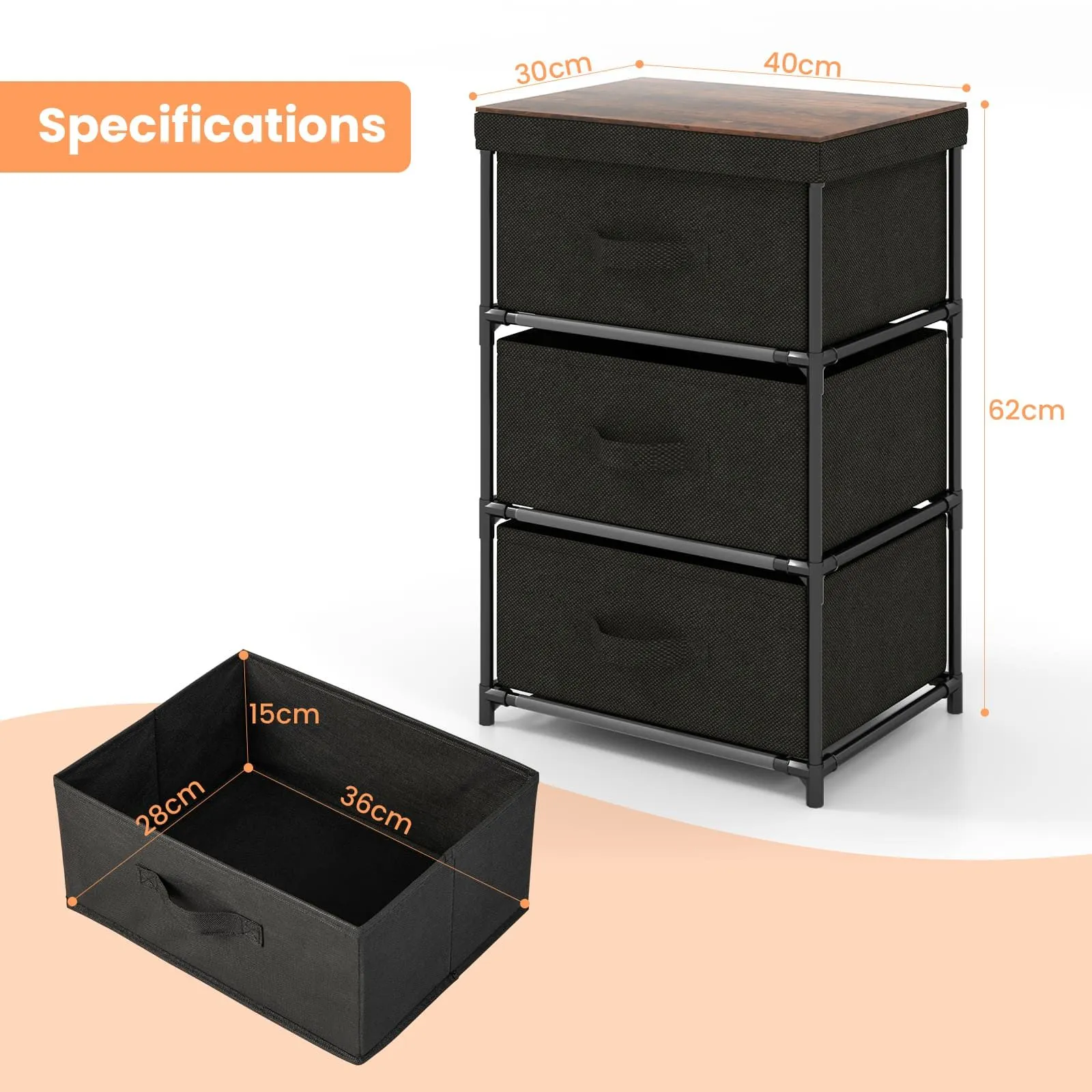 Costway 3-Tier Fabric Dresser Fabric Nightstand Home Organizer Unit w/3 Drawers in Black 2