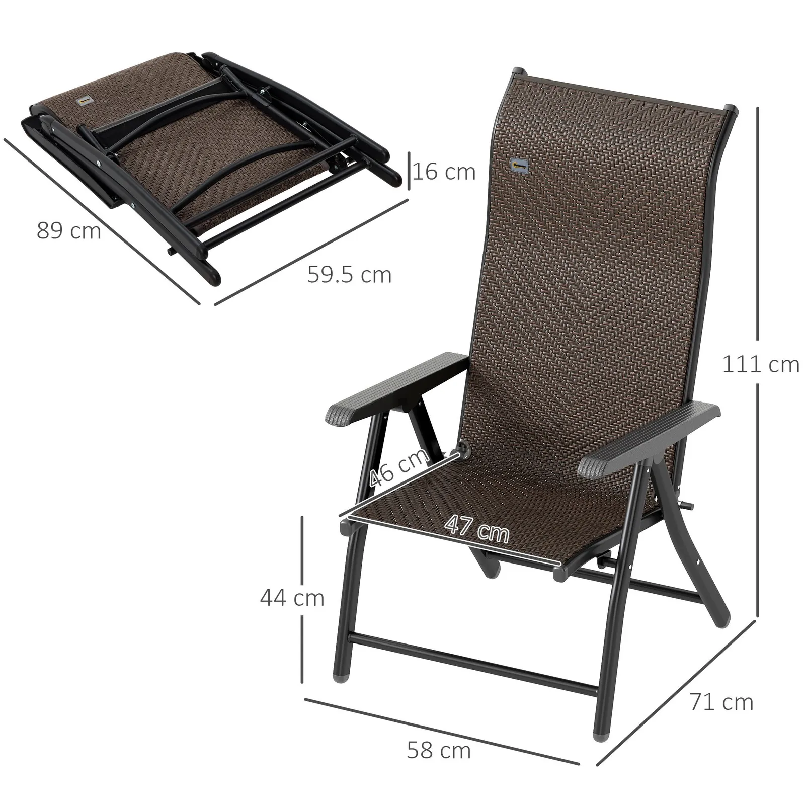 OUTSUNNY 4 PCs Outdoor Rattan Folding Chair Set with 7 Levels Adjustable Backrest Dark Brown 3