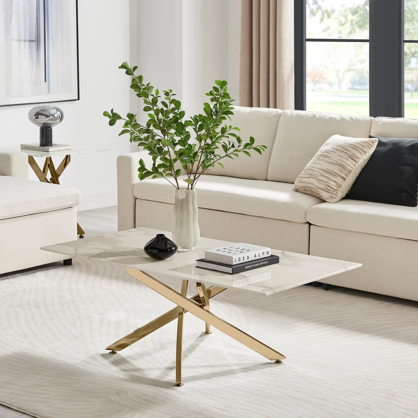 FurnitureboxUK Leonardo Rectangular Marble Effect Glass Top Coffee Table With Gold Metal Starburst Legs in White 2