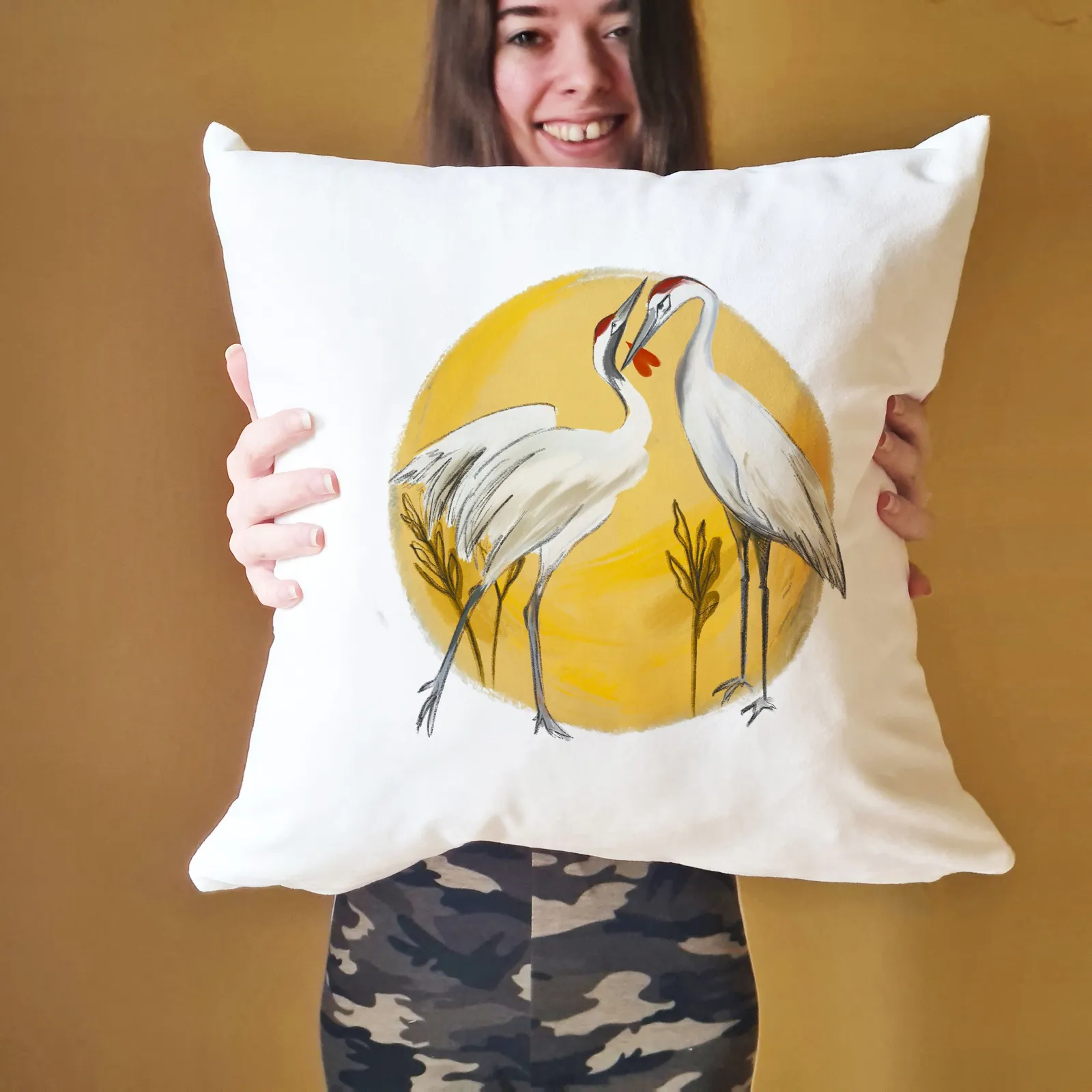 Afewhometruths Mates for Life Gift for Couples Sandhill Cranes Love Cushion - Anniversary, Wedding Gift in Off-White
