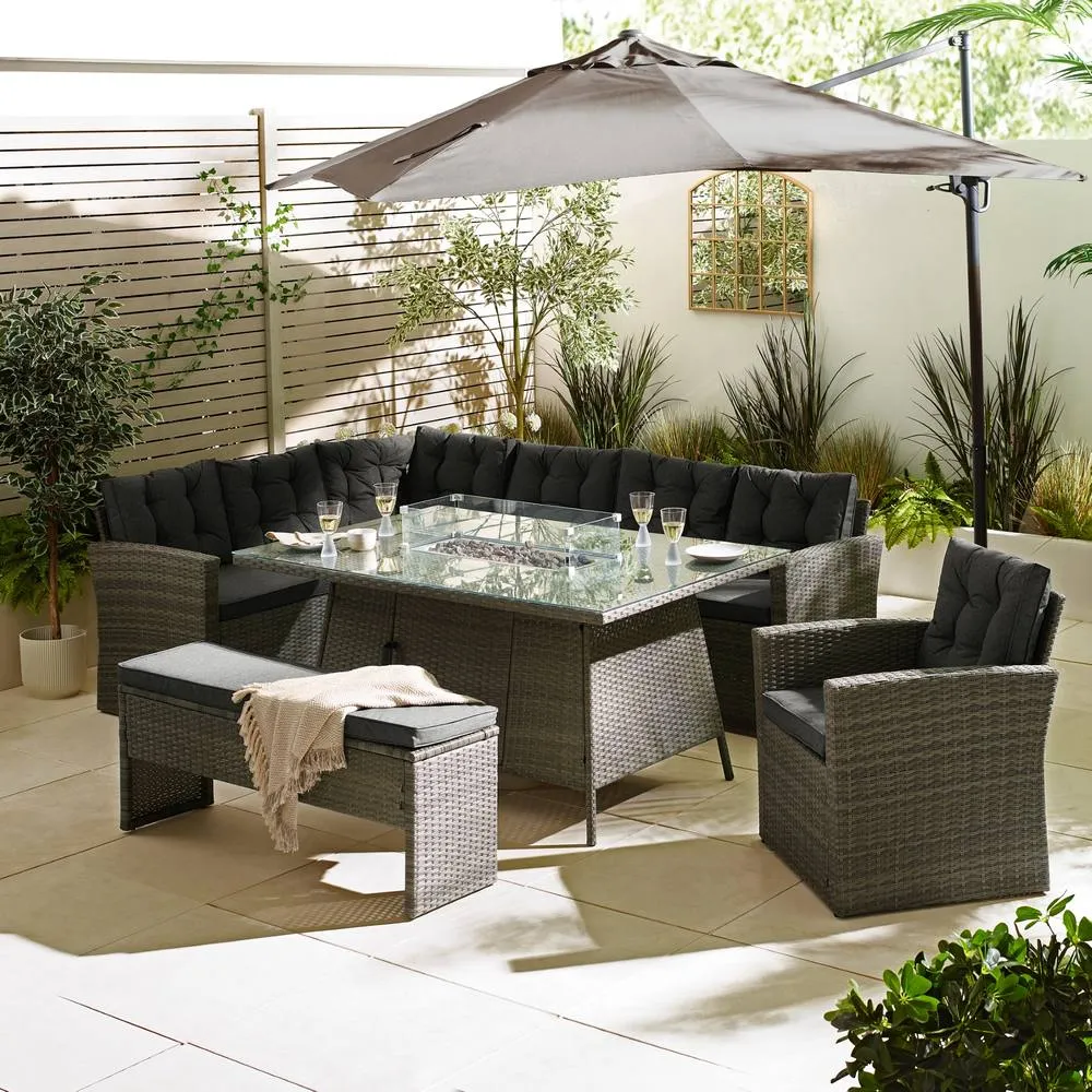 FurnitureboxUK Marbella 9 Seat Rattan Firepit Table Garden Dining Set in Grey