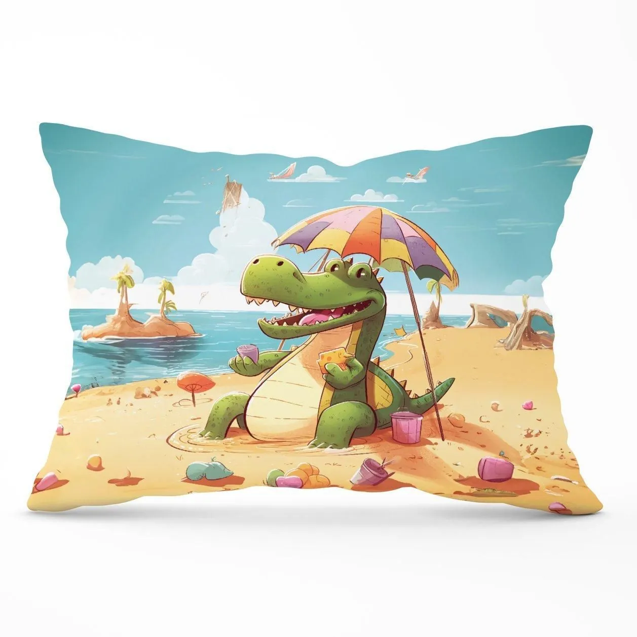 Warren Reed - Designer A Crocodile On A Beach Holiday Cushions in Yellow
