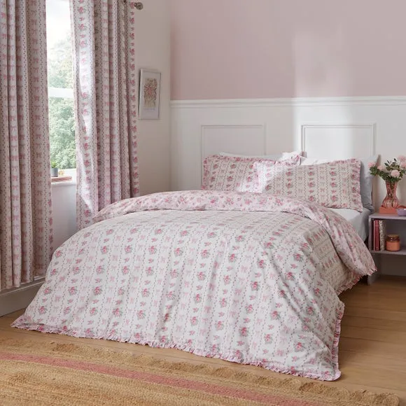 Vintage Floral Frill 100% Cotton Duvet Cover and Pillowcase Set