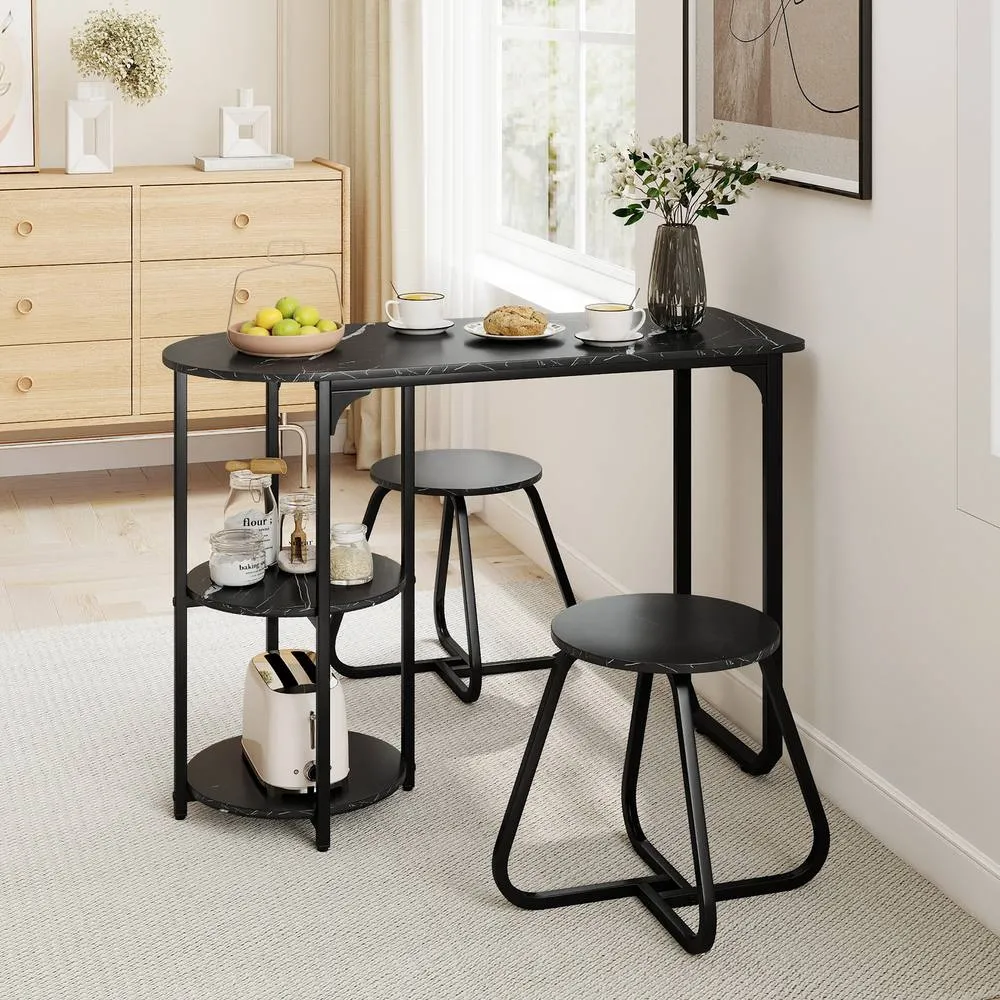 Costway Table & 2 Bar Stools Set Table w/ 2 Shelves Stools Kitchen Bar Unit in Black 3
