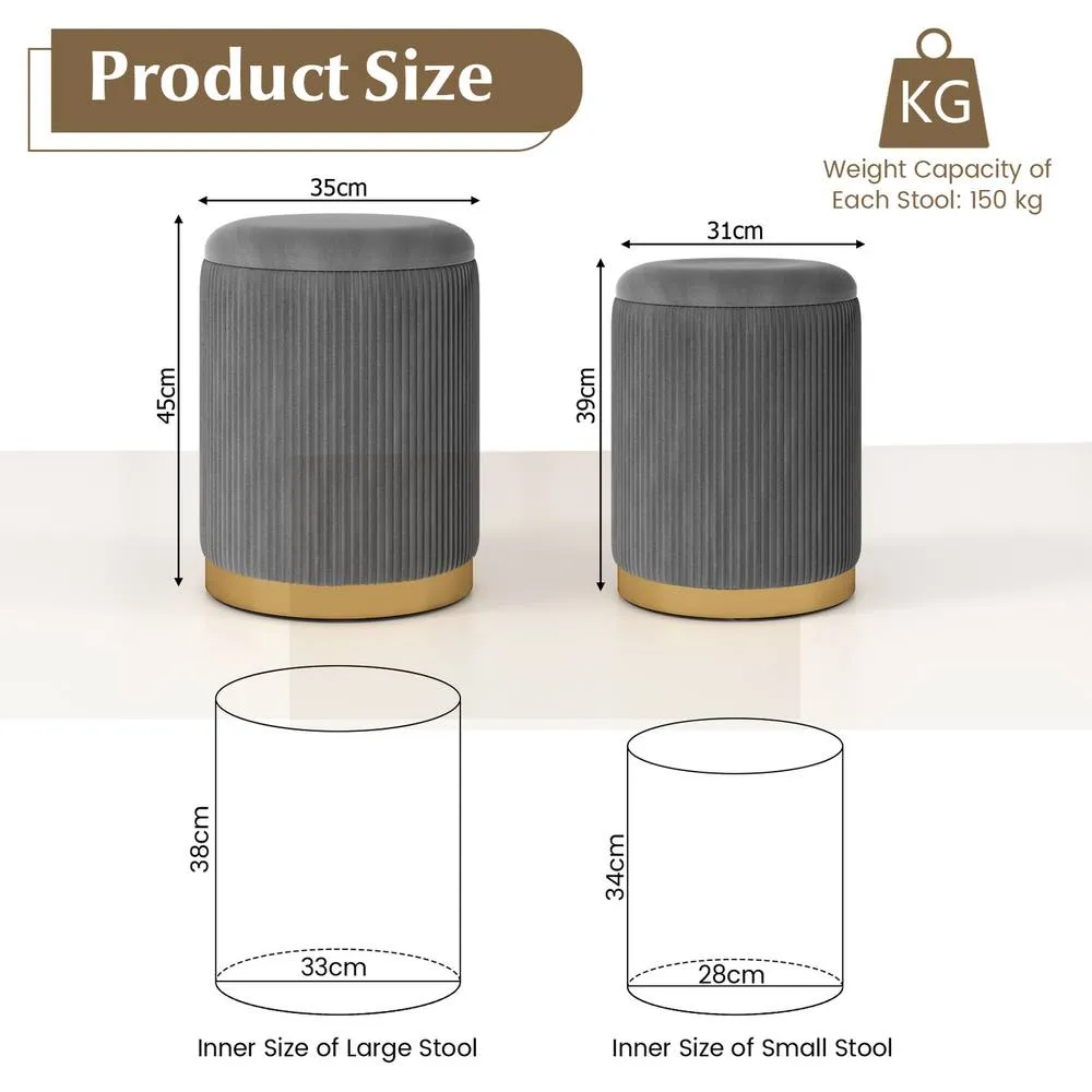 Costway 2 Pcs Velvet Round Footstools Nesting Storage Ottoman-Grey in Grey 2