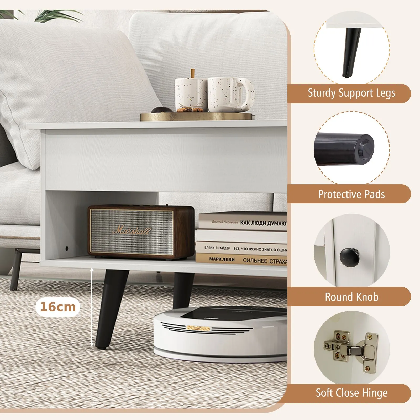 Costway Modern Lift Top Coffee Table Pull up Coffee Table w/ Storage in White 6