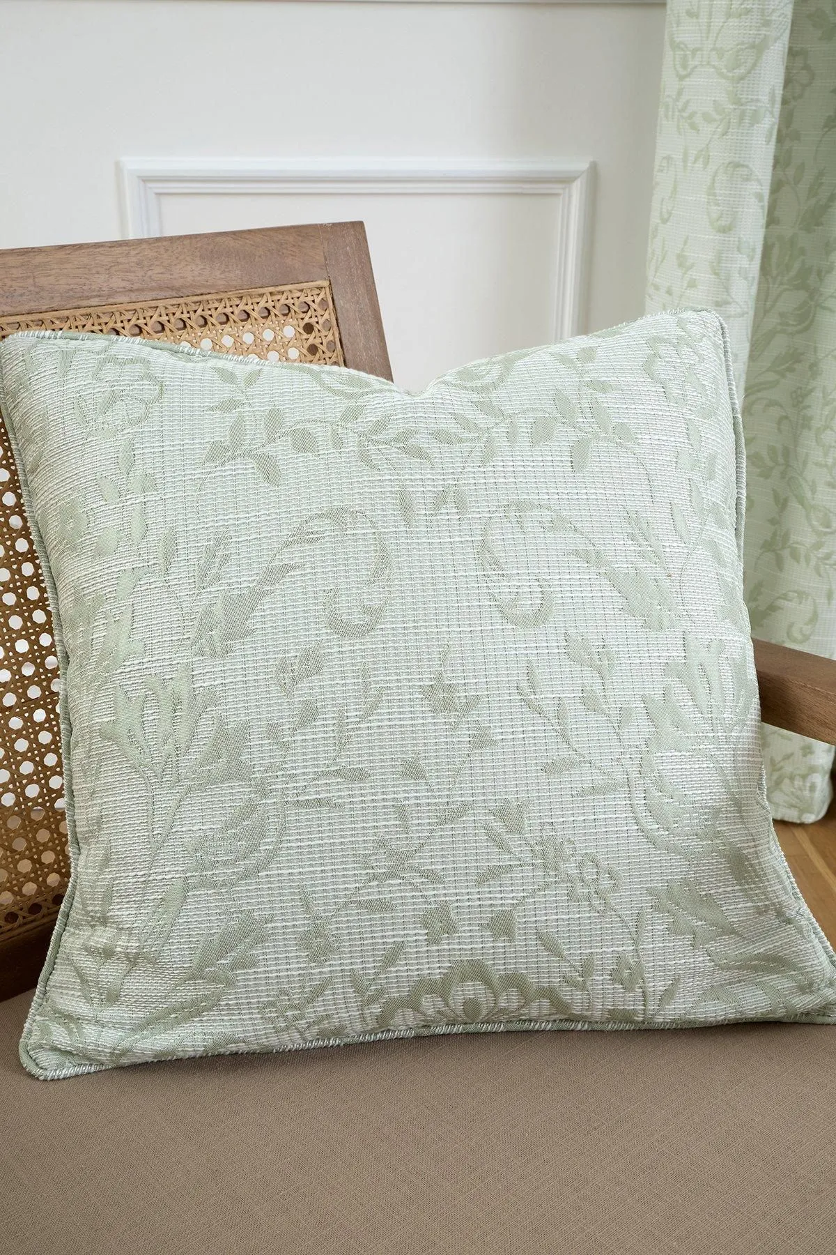 Curtina 'Marple' Woven Jacquard Filled Cushion in Light Green