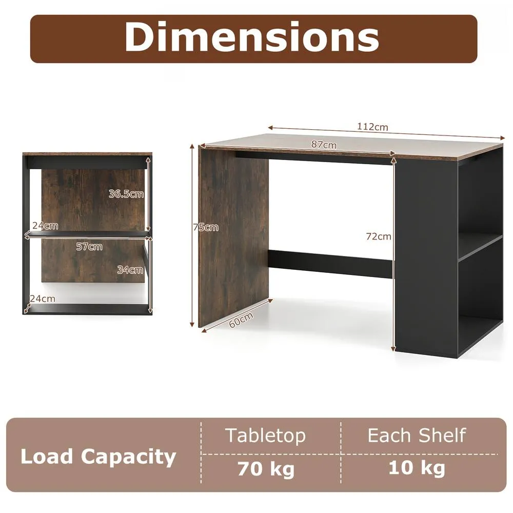 Costway Modern Wooden Office Desk with 2 Open Shelves in Brown 2