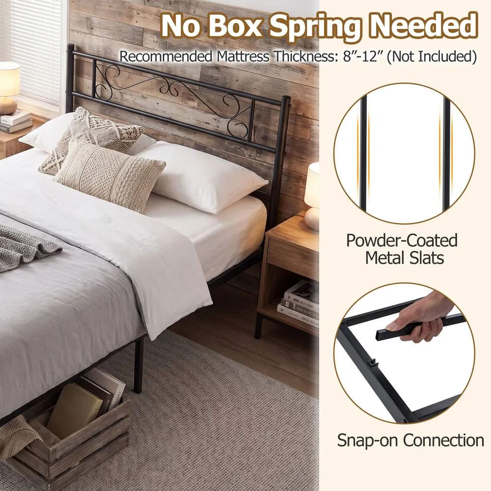 Costway Single Size Metal Bed Frame with Floral Headboard & Footboard in Black 4