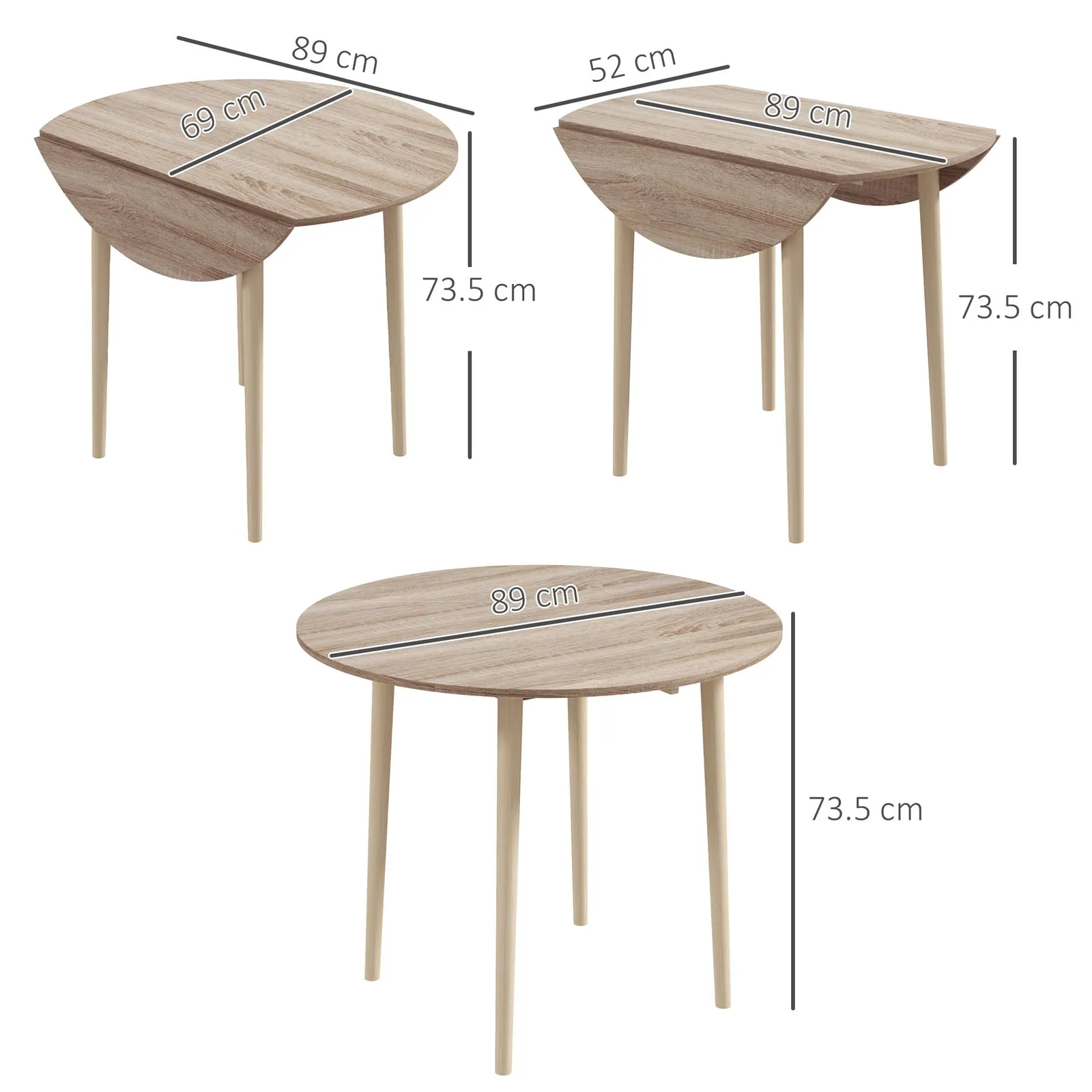 HOMCOM Folding Dining Table for 4, Round Drop Leaf Table, Modern Space Saving Small Kitchen Table with Wood Legs for Dining Room in Natural 3