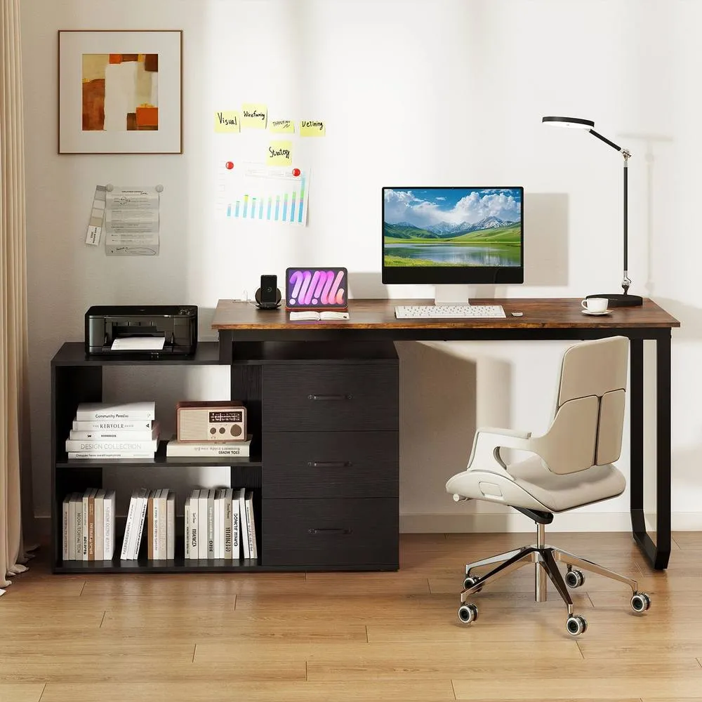 Costway 140cm Reversible L-Shaped Desk w/ Power Outlet Study Writing Table in Brown 4