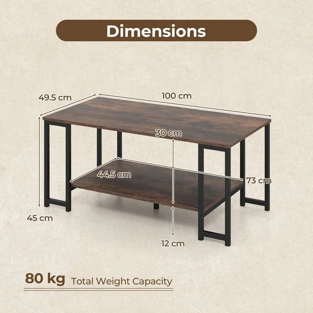 Costway 2-Tier Coffee Table Rectangular Cocktail Table Center Table w/ Shelf in Brown 2