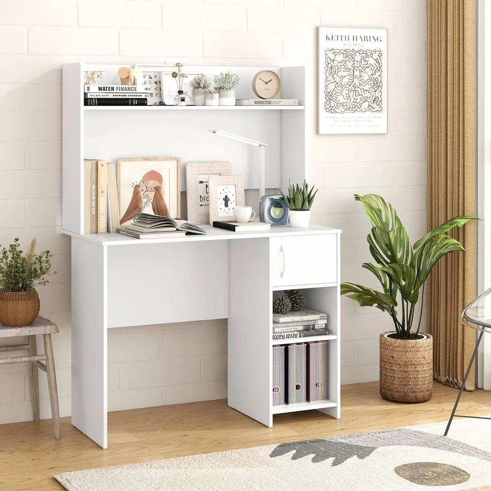Costway Modern Computer Desk Home Office Writing Study Desk w/ Display Shelf in White 6