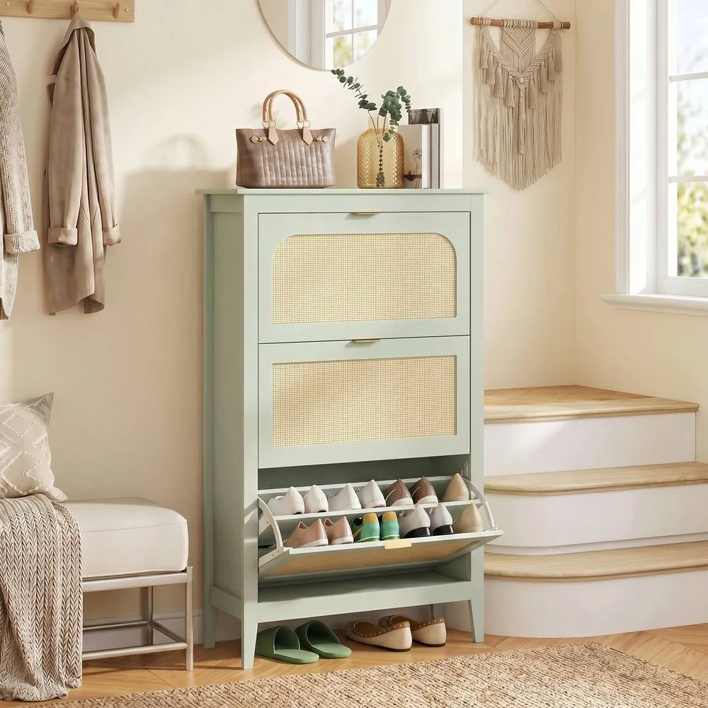 HOMCOM Boho Slim Shoe Cabinet with Rattan Doors, Holds 21 Pairs, Green in Light Green